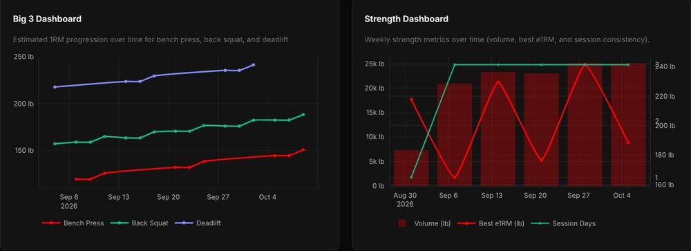 My Profile's Strength charts on desktop: the Big 3 Dashboard of estimated one-rep max for bench press, back squat and deadlift, and the Strength Dashboard of weekly volume, best e1RM and session days.