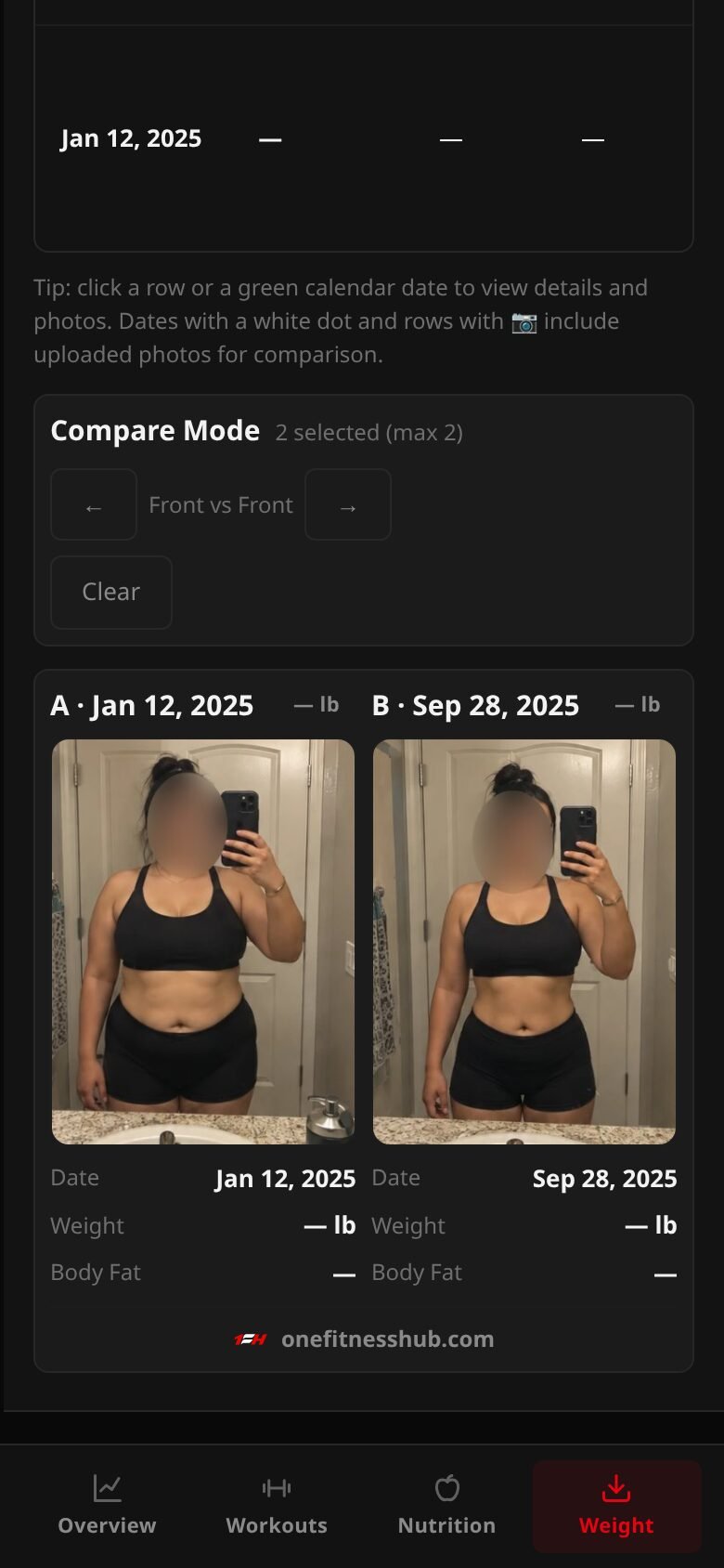 Compare Check-ins in Club 1000 Plus: front progress photos from two dates side by side, faces blurred.