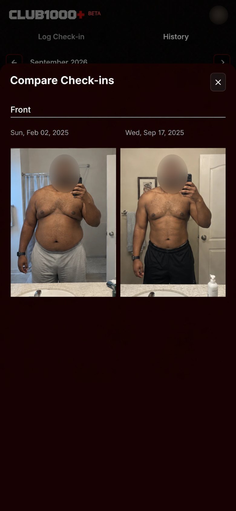 Compare Check-ins on a phone: front photos from February 2 and September 17, 2025 side by side, faces blurred.