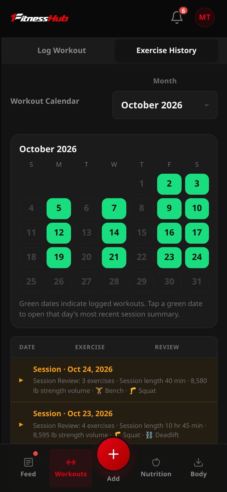 Exercise History on a phone: an October workout calendar with every training day marked, above session summaries with length, strength volume and the lifts done.
