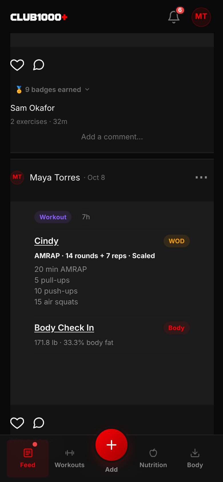 A shared session in the activity feed on a phone: an overhead press and deadlift, then Cindy as a WOD scored AMRAP 14 rounds + 7 reps, Scaled, with the workout text.