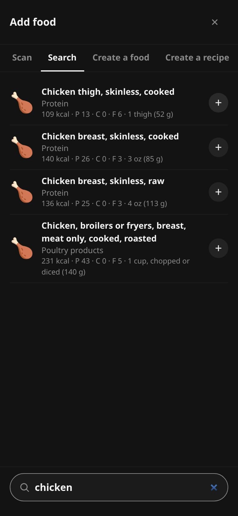Adding food on a phone: tabs for Scan, Search, Create a food and Create a recipe, and search results for chicken, each with its own food icon, calories and macros.