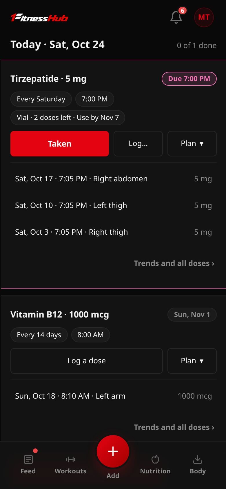 The Peptides Today screen on a phone: a tirzepatide card due at 7:00 PM with its plan, Taken, Log and Plan buttons and its last three doses, then a vitamin B12 card.