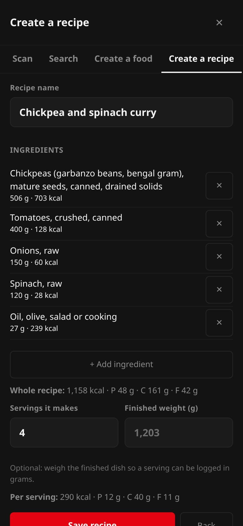 Creating a recipe on a phone: a chickpea and spinach curry with five ingredients and their calories, the whole recipe at 1,158 kcal, 4 servings, and 290 kcal per serving.