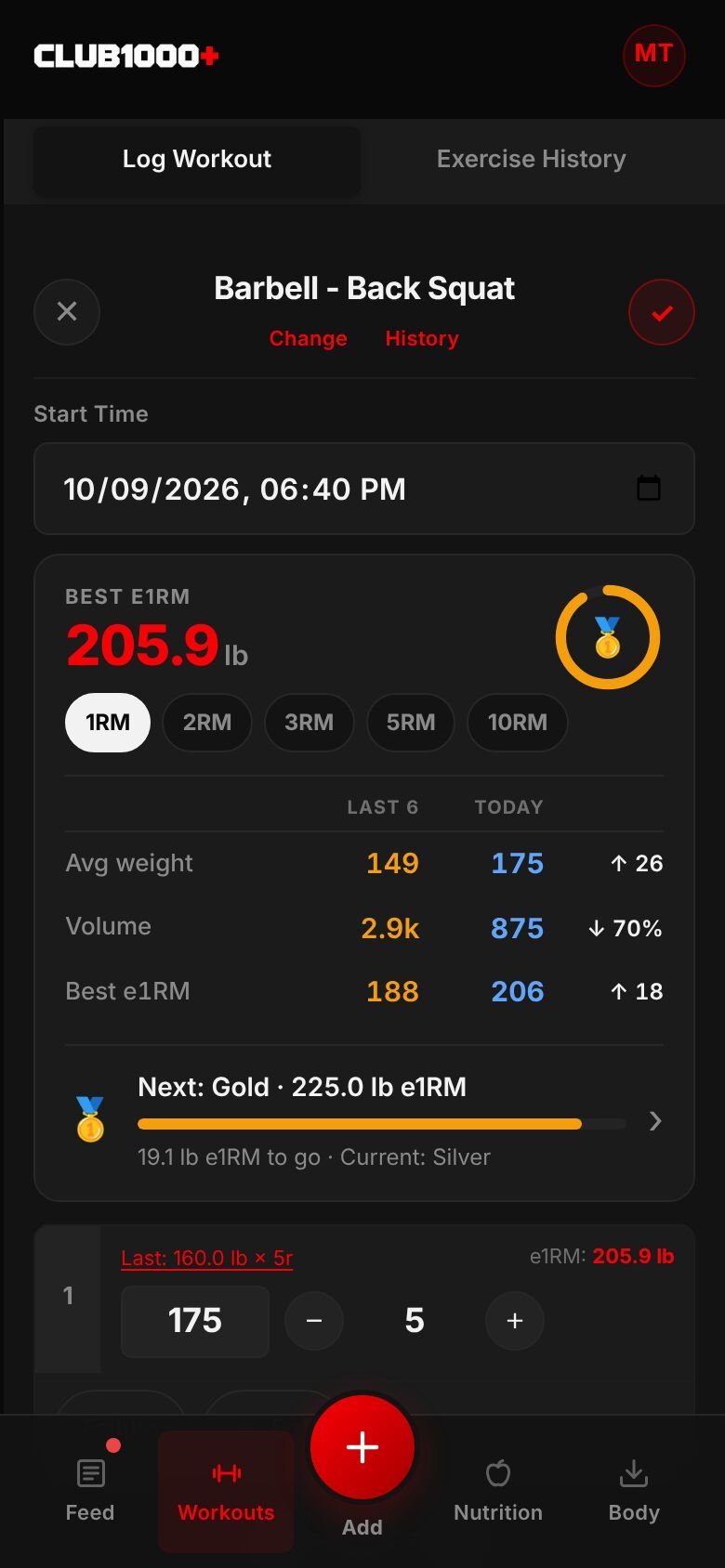 Logging a back squat on a phone: the last six sessions' PR, average weight and volume, this session's totals, a best estimated one-rep max of 205.9 lb, and the first set of 175 lb for 5.
