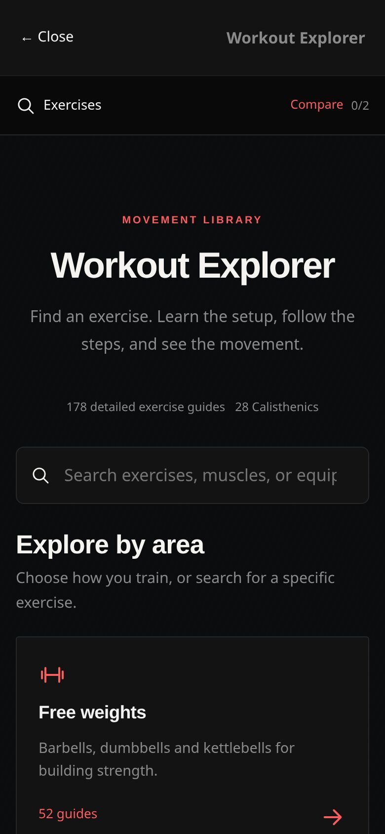 Workout Explorer on a phone, showing searchable exercise guides and equipment filters in the shared library.