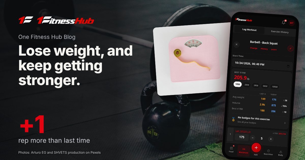 Cover: the headline over a photo of a barbell and a kettlebell on a black gym mat, beside a second photo of a tape measure coiled on a pink bathroom scale and an app screen on a phone.