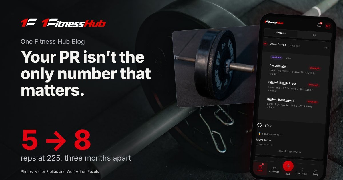 Cover: the headline over a photo of a loaded barbell on dark rubber gym flooring, beside a second photo of a barbell with a single plate on a dark gym floor and an app screen on a phone.