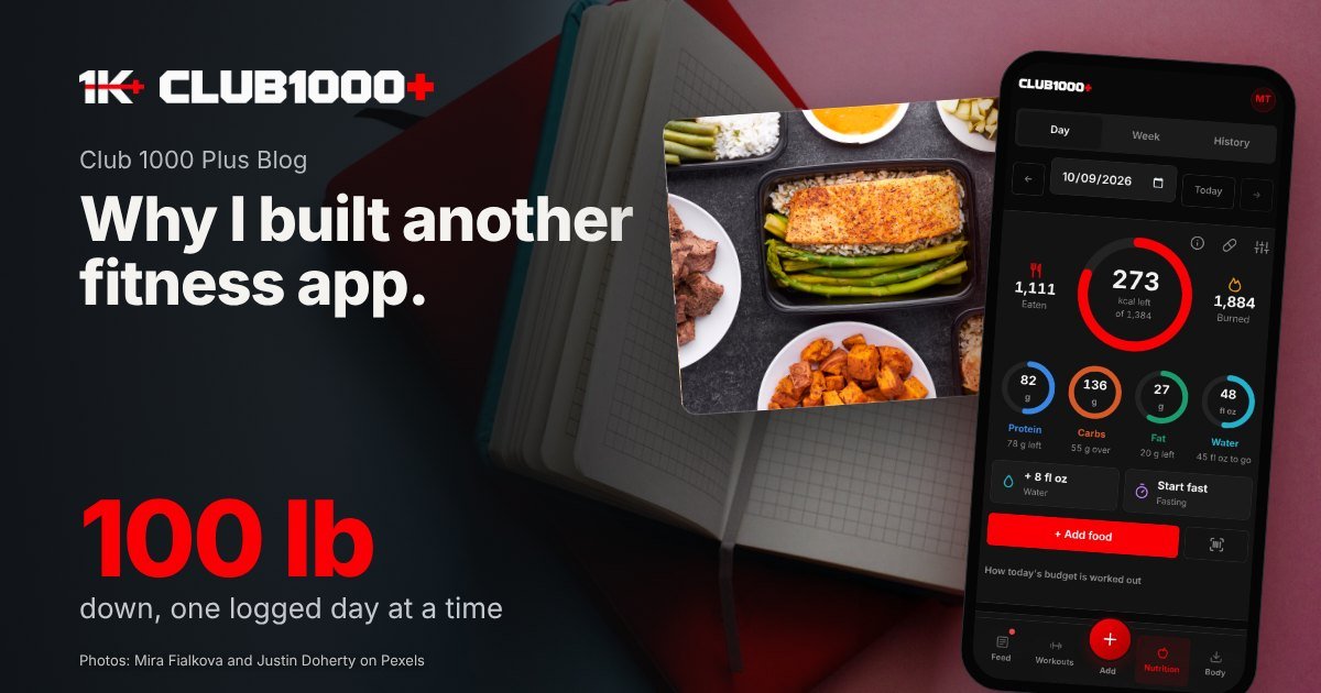 Cover: the headline over a photo of an open grid-paper notebook on a pink and blue surface, beside a second photo of meal-prep containers with salmon, asparagus, shrimp and sweet potatoes and an app screen on a phone.