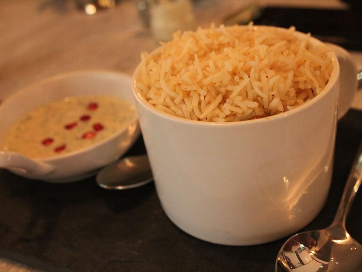 Biryani with pomegranate raita.
