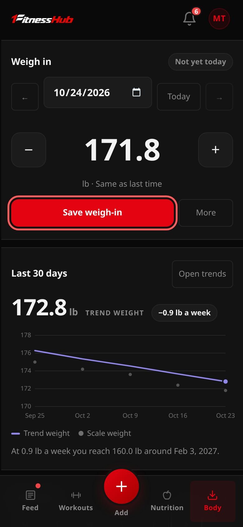 The Body tab: Weigh in with today's date, the weight with minus and plus buttons, Save weigh-in (ringed) and More, then the last 30 days of trend weight.