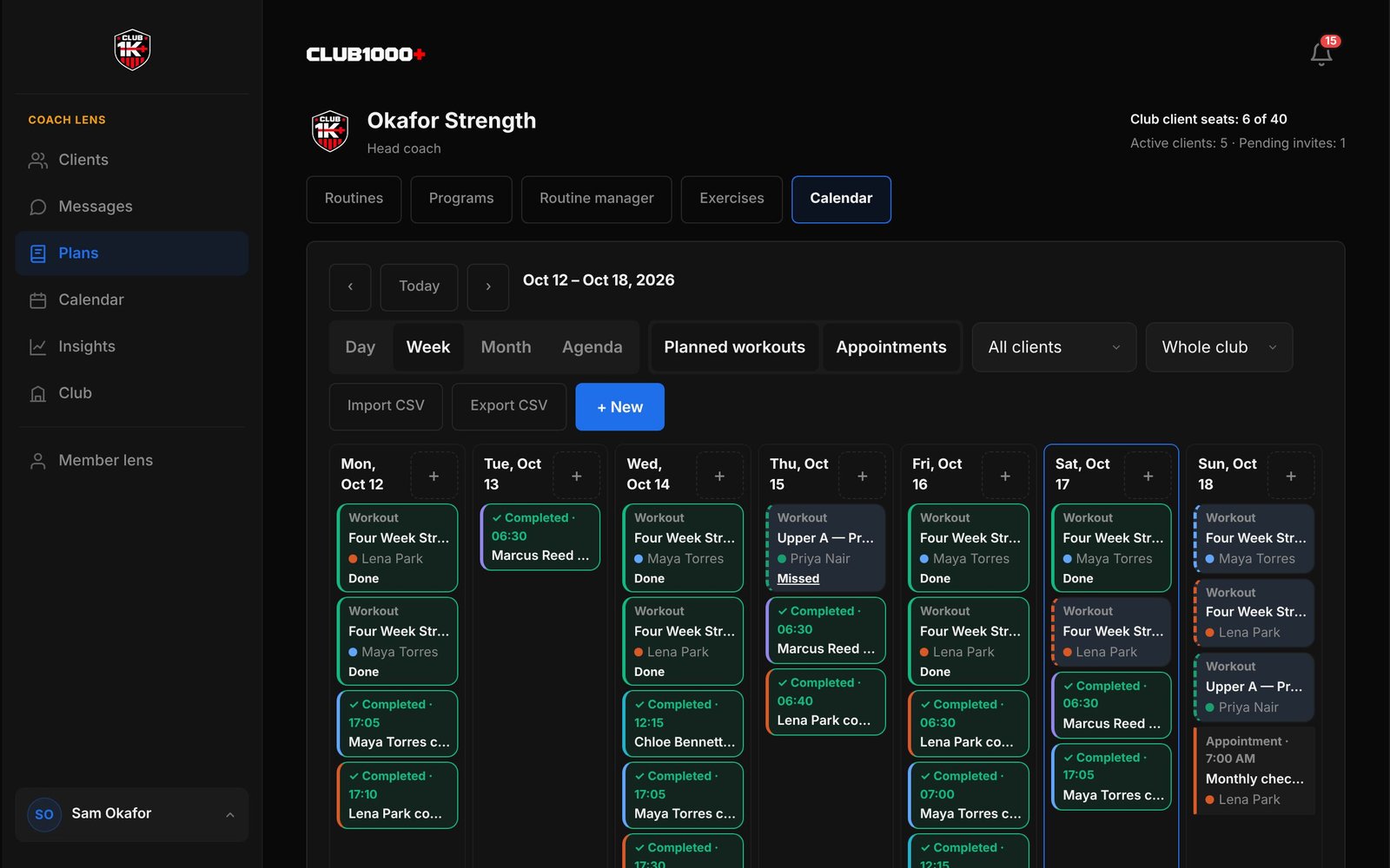 The coach Calendar on a computer in week view, with planned workouts in blue and completed sessions in green across the week.