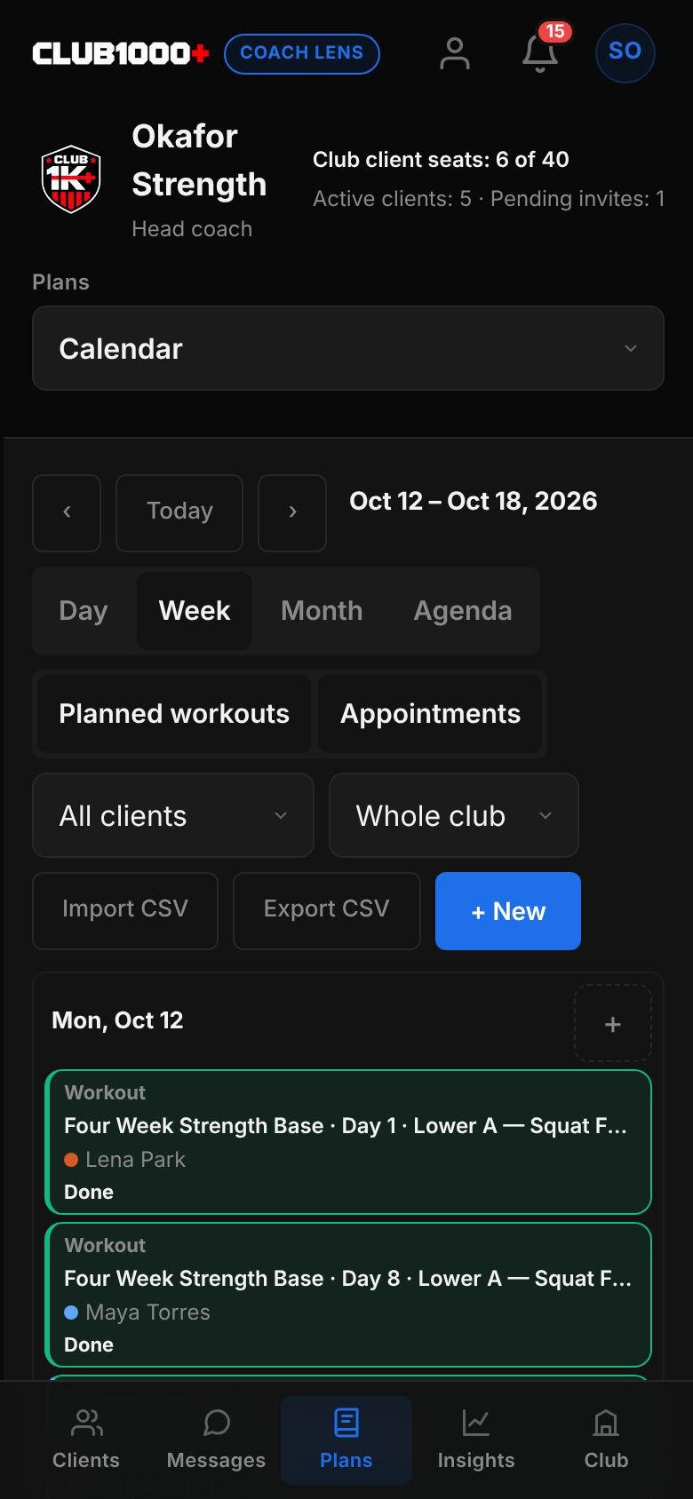 The coaching calendar in Week view, with Today, Day, Week, Month and Agenda controls, client filters, Planned workouts and Appointments.