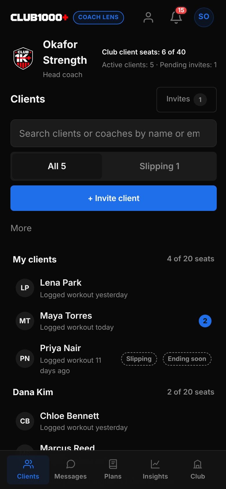 The Clients area for the head coach of Okafor Strength: client seats 6 of 40, All 5 and Slipping 1 filters, an Invite client button, and a list of clients grouped under each coach with seat counts.