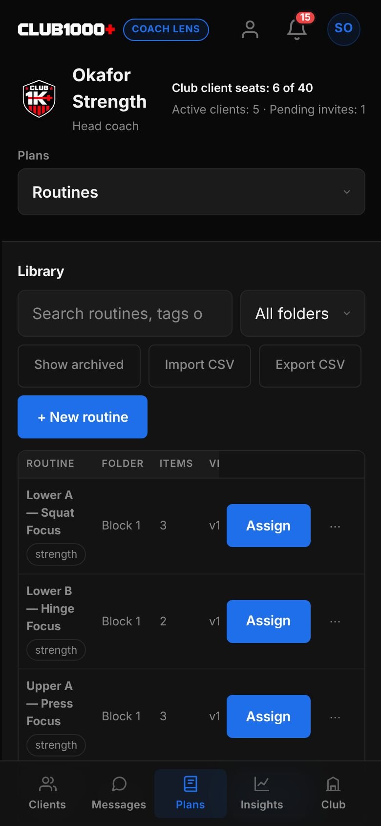 Plans set to Routines: a library with a search box, All folders, Show archived, Import CSV, Export CSV and + New routine buttons, and a table of routines such as Lower A Squat Focus in folder Block 1.