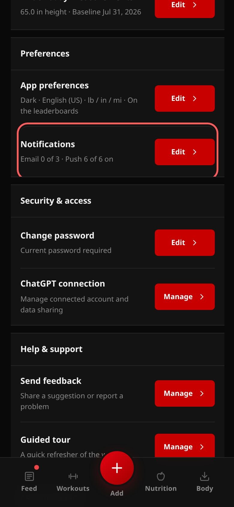 Club 1000+ Account Management on a phone, with the Notifications Edit button outlined in the Preferences group.