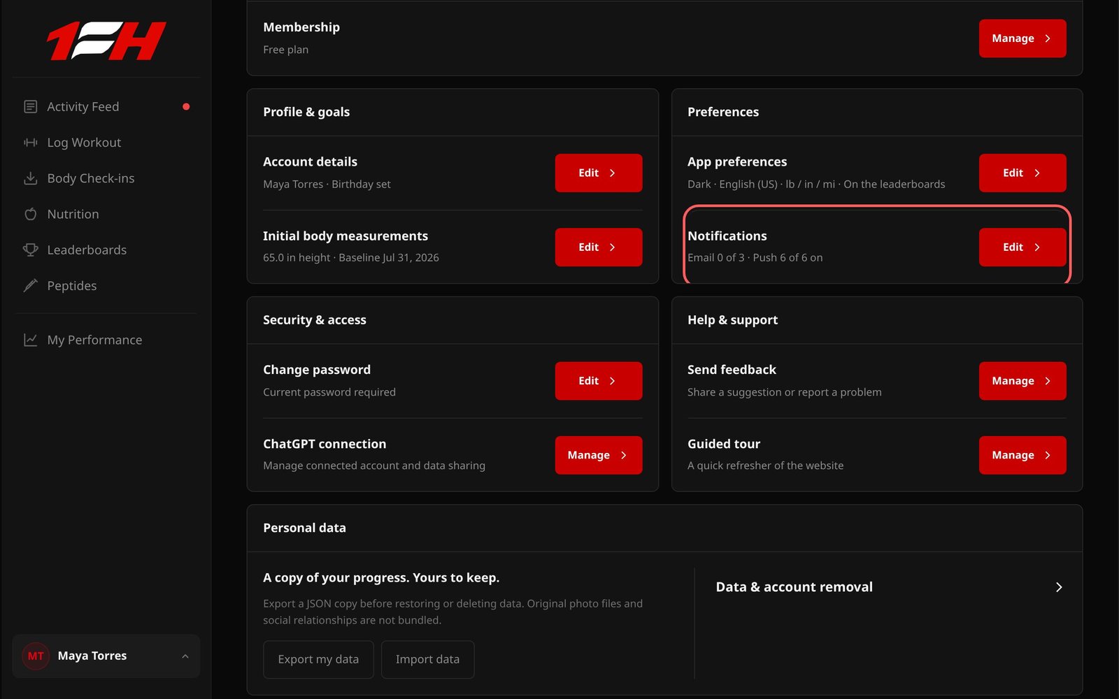 Club 1000+ Account Management on a computer, with the Notifications Edit button outlined below App preferences.