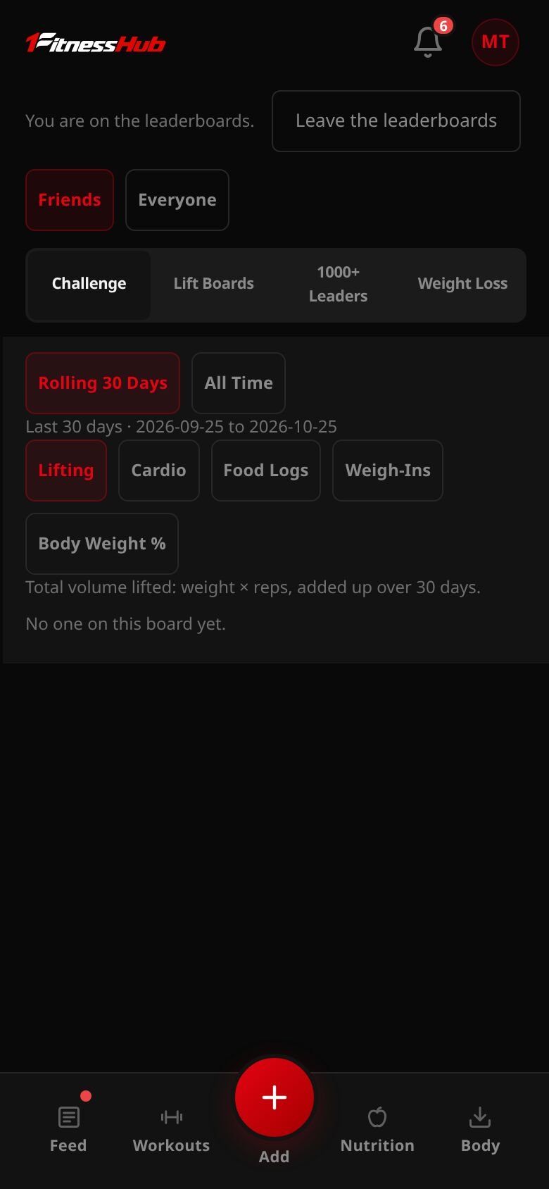 The Leaderboards screen: the Challenge board for lifting over the rolling 30 days, with three members ranked.