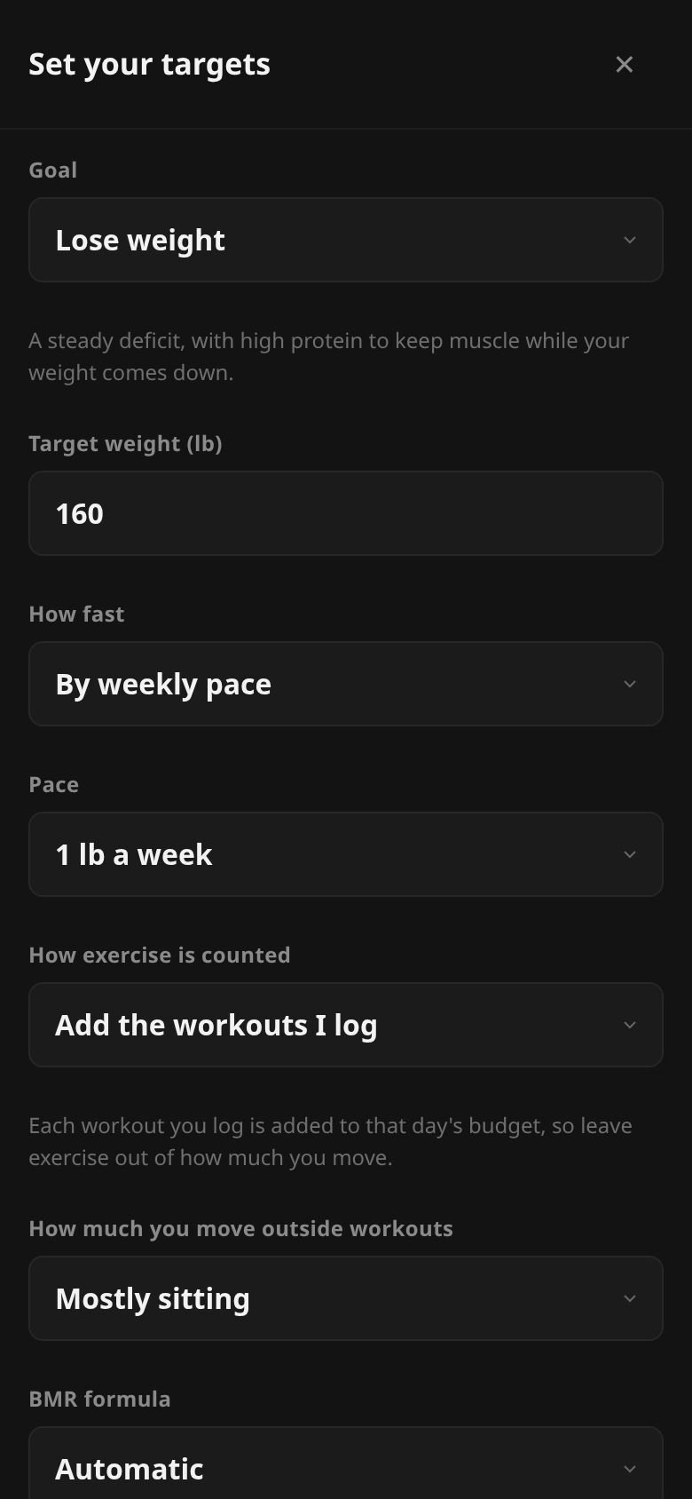 The Set your targets sheet: goal, target weight, how fast, pace, how exercise is counted and the BMR formula.