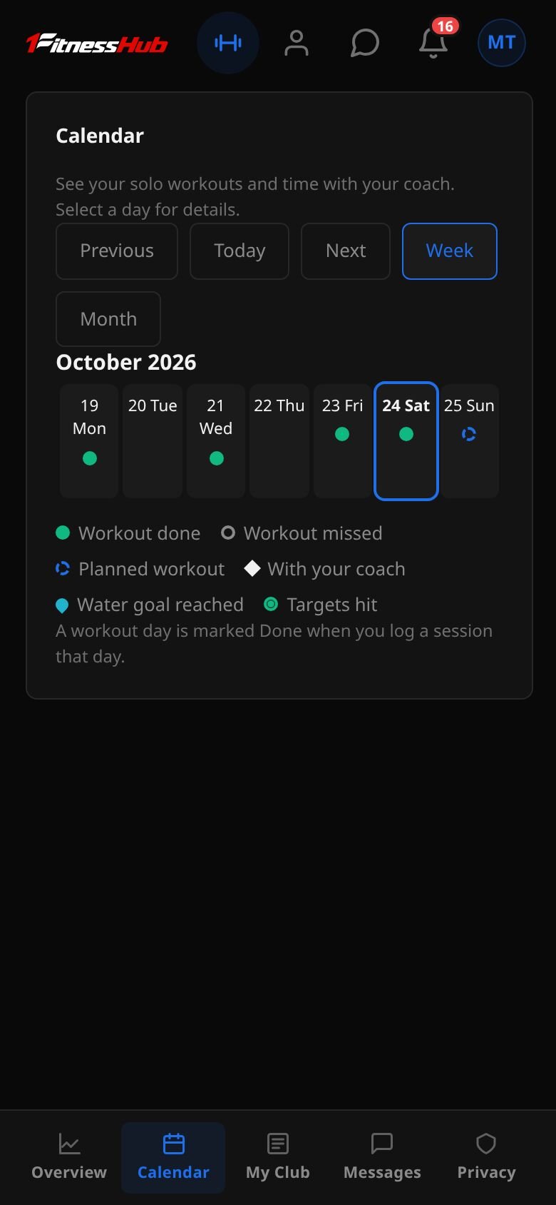 My Program Calendar in week view for October 2026, with Previous, Today, Next, Week and Month buttons and each day showing its workouts marked done or missed.
