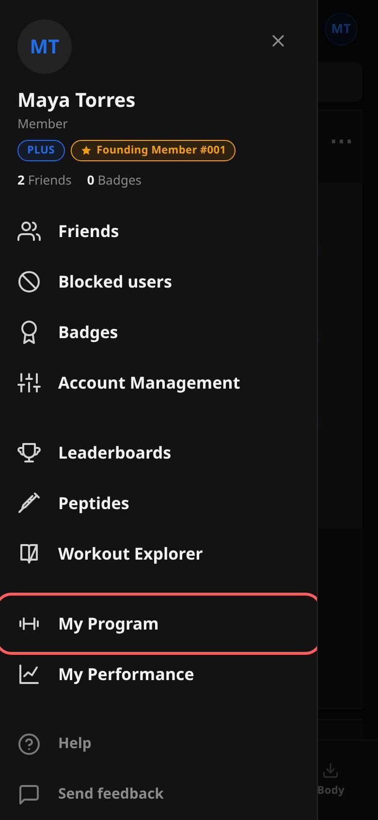 The account menu on a phone with My Program ringed in the group below the line that holds the lenses.