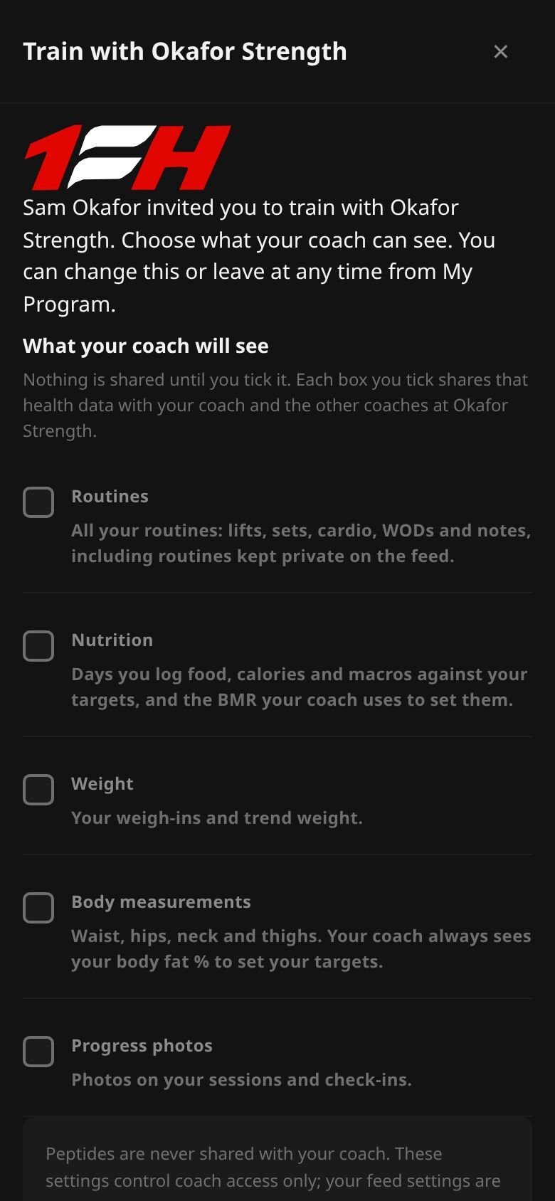 The invitation sheet from Sam Okafor at Okafor Strength saying nothing is shared until you tick it, and listing Routines, Nutrition, Weight, Body measurements and Progress photos, all unticked.