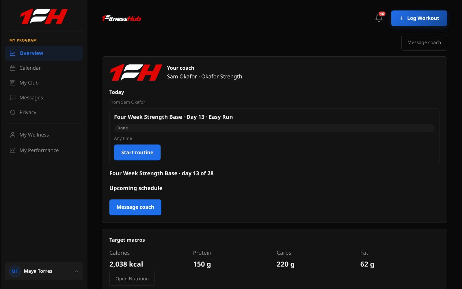 My Program Overview on a computer: the sidebar with My Program areas Overview, Calendar, My Club, Messages and Privacy and My Wellness, and the coach card and Target macros in the page.