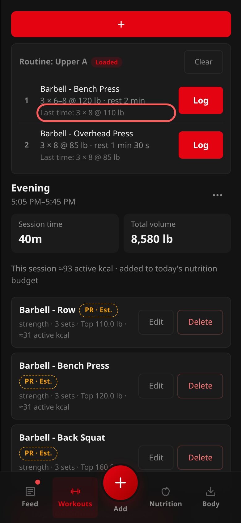 A started routine: each exercise numbered, with its targets, what you did last time and a Log button.