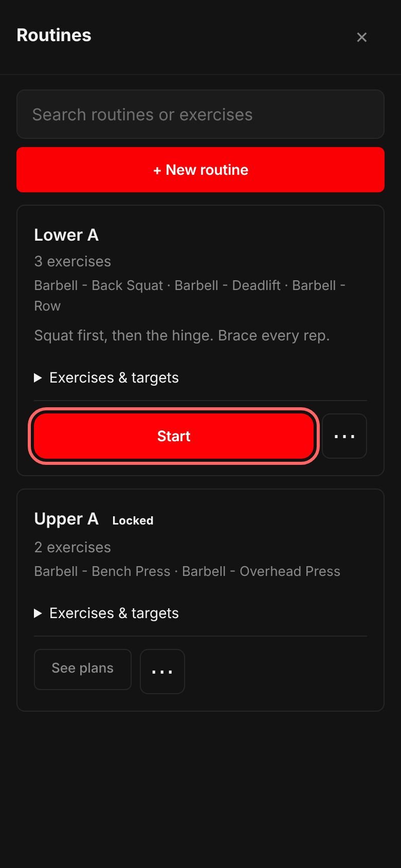 The Routines sheet: a search box, + New routine, then each routine with what it holds, its notes, Start and a menu.