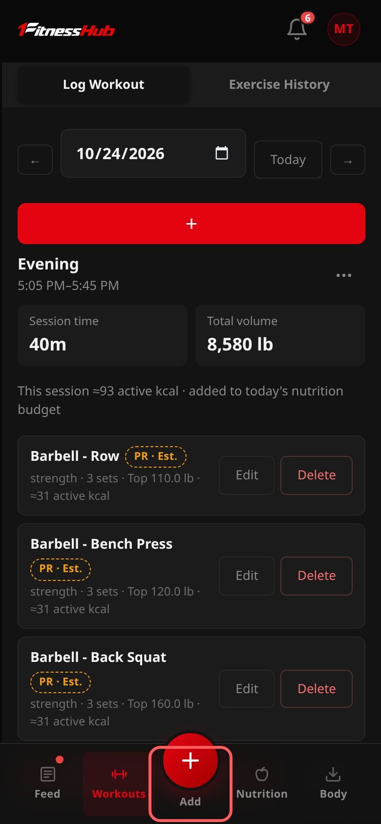 The Workouts tab on a phone, with the red + in the middle of the bottom bar ringed.