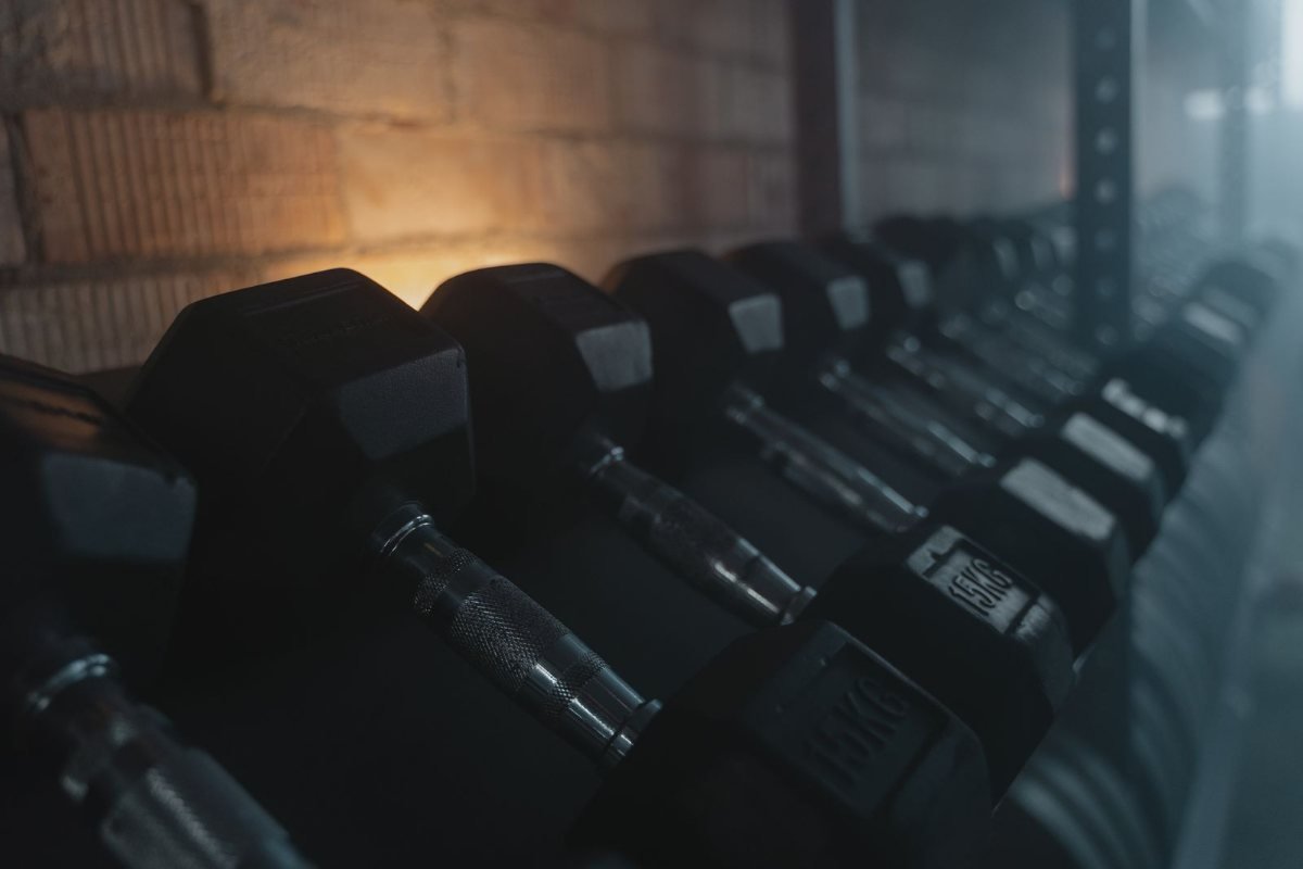 Dumbbells arranged on a rack in a gym.